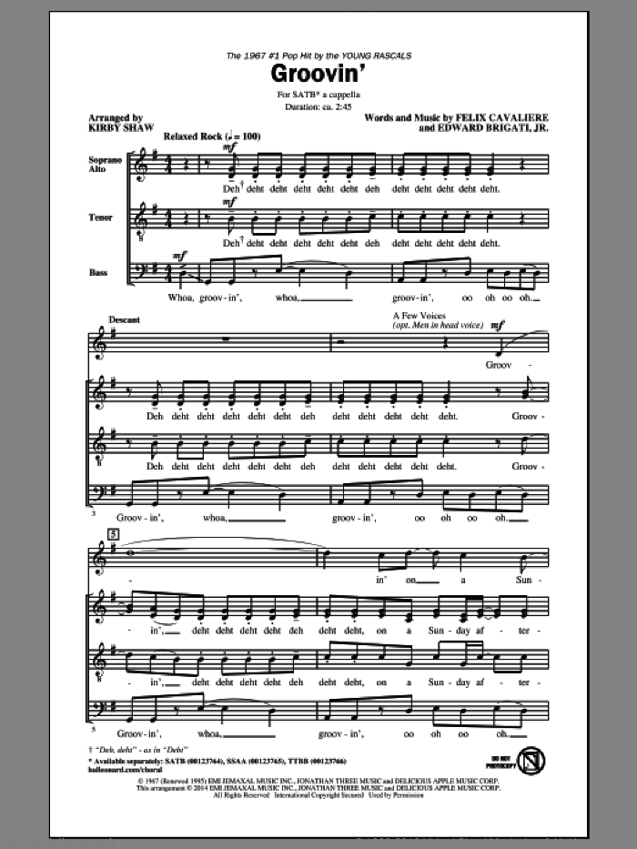 Groovin' sheet music for choir (SATB: soprano, alto, tenor, bass) by Kirby Shaw, Edward Brigati Jr., Edward Brigati, Jr., Felix Cavaliere and Young Rascals, intermediate skill level