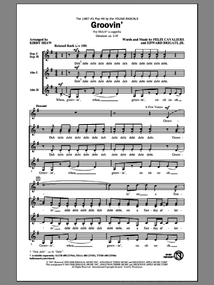 Groovin' sheet music for choir (SSA: soprano, alto) by Kirby Shaw, Edward Brigati Jr., Edward Brigati, Jr., Felix Cavaliere and Young Rascals, intermediate skill level