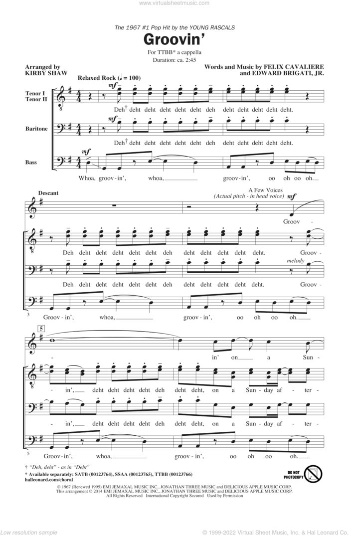 Groovin' sheet music for choir (TTBB: tenor, bass) by Kirby Shaw, Edward Brigati Jr., Edward Brigati, Jr., Felix Cavaliere and Young Rascals, intermediate skill level