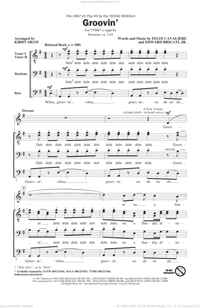 Groovin' sheet music for choir (TTBB: tenor, bass) by Kirby Shaw, Edward Brigati Jr., Edward Brigati, Jr., Felix Cavaliere and Young Rascals, intermediate skill level