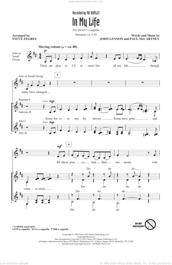 In My Life sheet music for choir (SSAA: soprano, alto) by The Beatles, John Lennon, Paul McCartney and Steve Zegree, wedding score, intermediate skill level