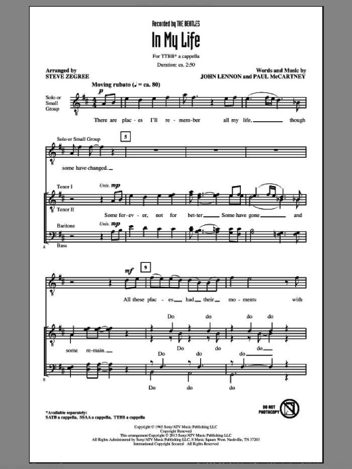 In My Life sheet music for choir (TTBB: tenor, bass) by The Beatles, John Lennon, Paul McCartney and Steve Zegree, wedding score, intermediate skill level