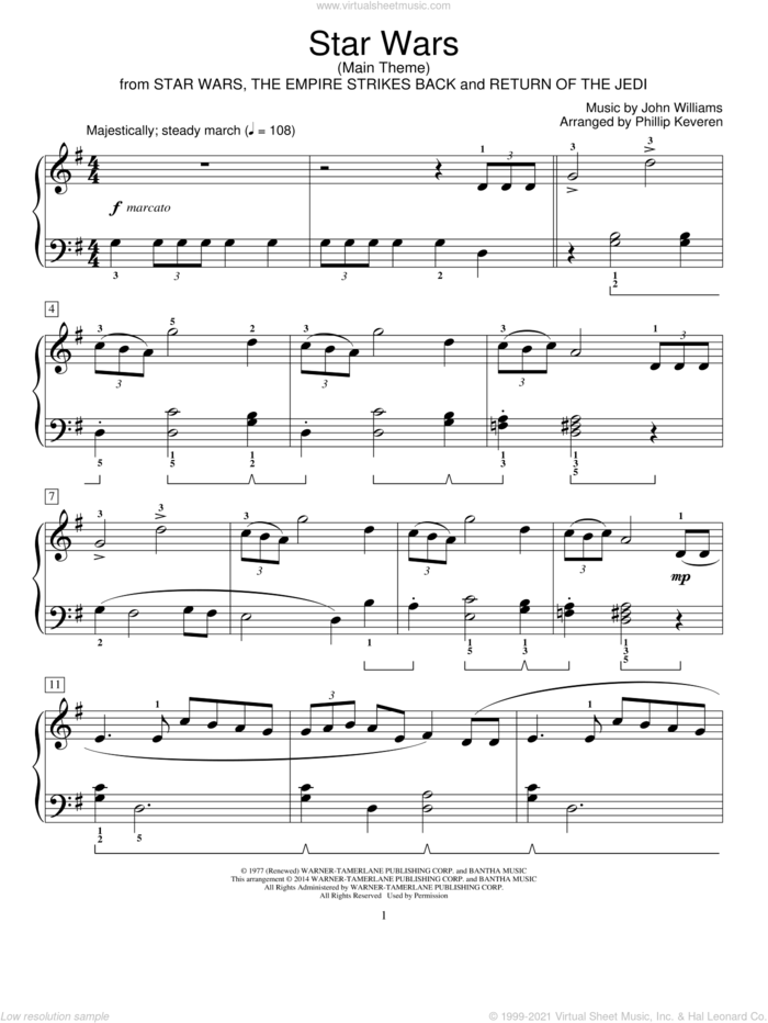 Star Wars (Main Theme) (arr. Phillip Keveren) sheet music for piano solo (elementary) by John Williams and Phillip Keveren, classical score, beginner piano (elementary)