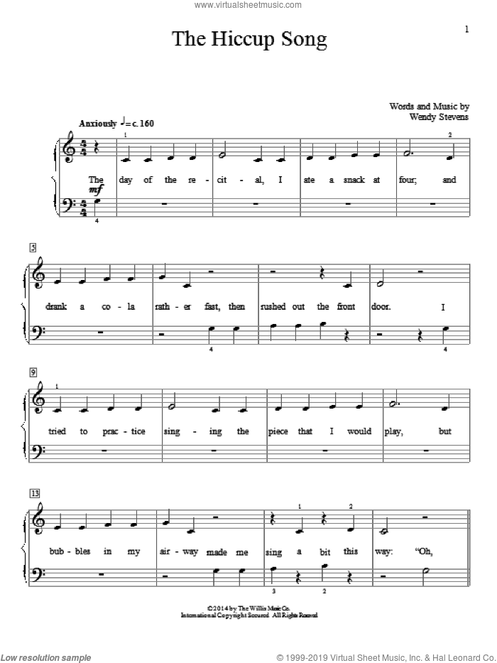 The Hiccup Song sheet music for piano solo (elementary) by Wendy Stevens, beginner piano (elementary)
