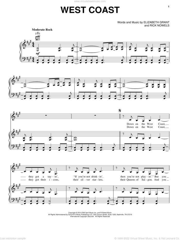 West Coast sheet music for voice, piano or guitar by Lana Del Rey, Elizabeth Grant and Rick Nowels, intermediate skill level