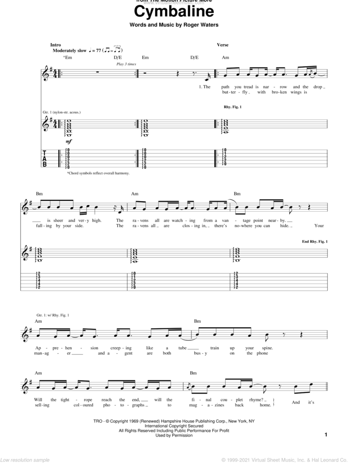 Cymbaline sheet music for guitar (tablature) by Pink Floyd and Roger Waters, intermediate skill level