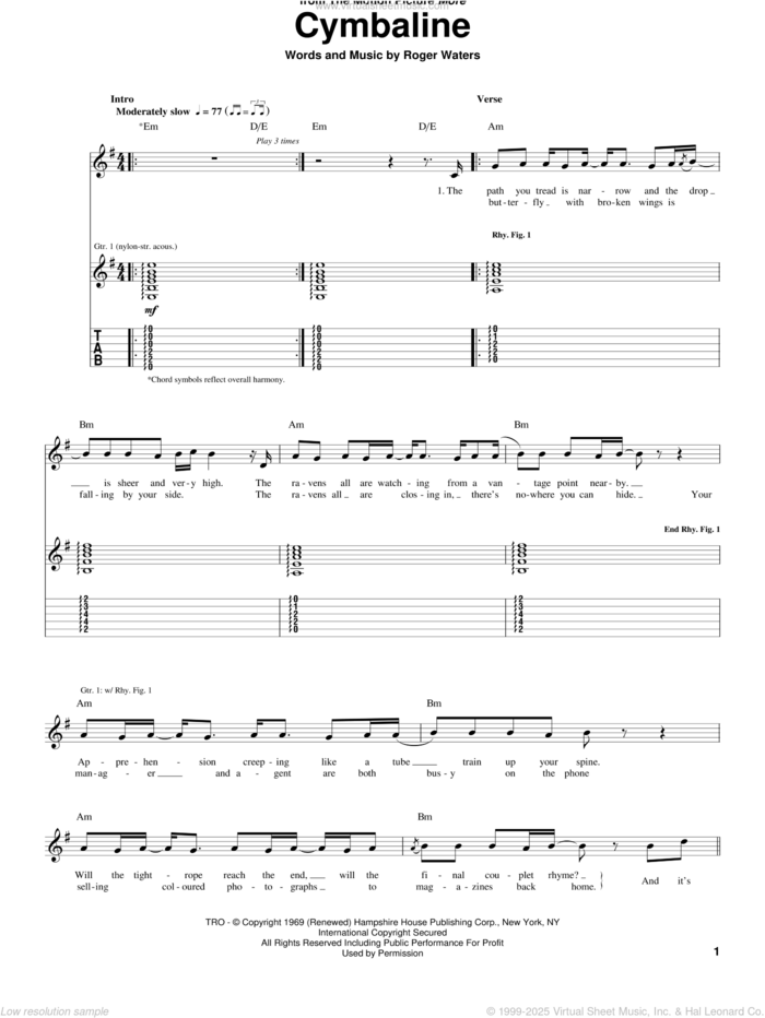 Cymbaline sheet music for guitar (tablature) by Pink Floyd and Roger Waters, intermediate skill level