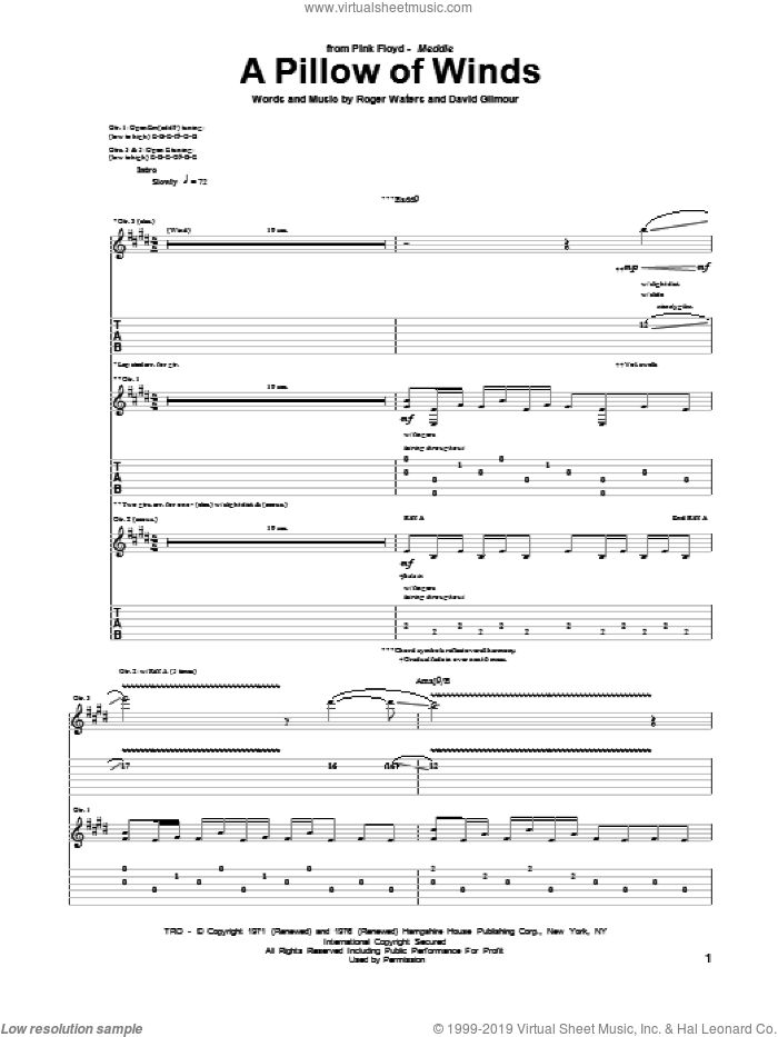 A Pillow Of Winds sheet music for guitar (tablature) by Pink Floyd, David Gilmour and Roger Waters, intermediate skill level