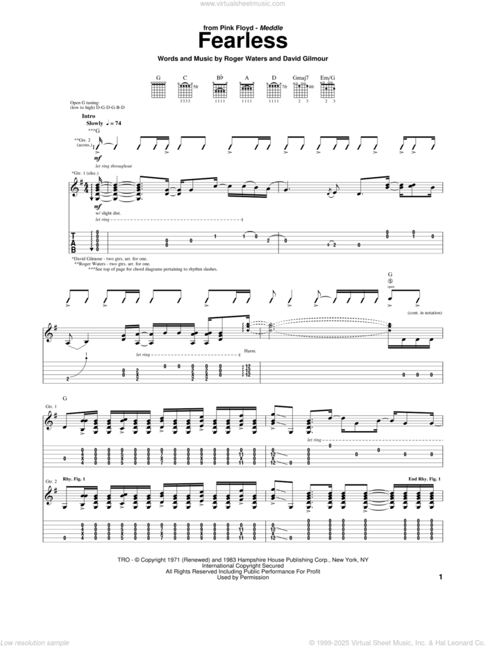 Fearless sheet music for guitar (tablature) by Pink Floyd, David Gilmour and Roger Waters, intermediate skill level