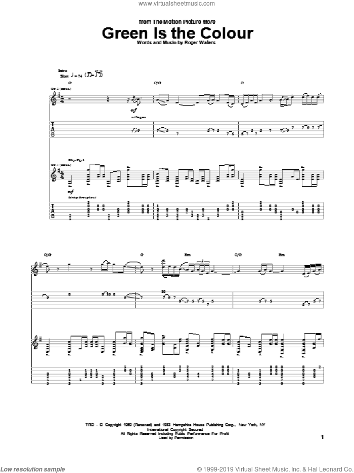 Green Is The Colour sheet music for guitar (tablature) by Pink Floyd and Roger Waters, intermediate skill level