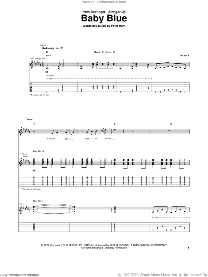 Baby Blue sheet music for guitar (tablature) by Badfinger and Pete Ham, intermediate skill level
