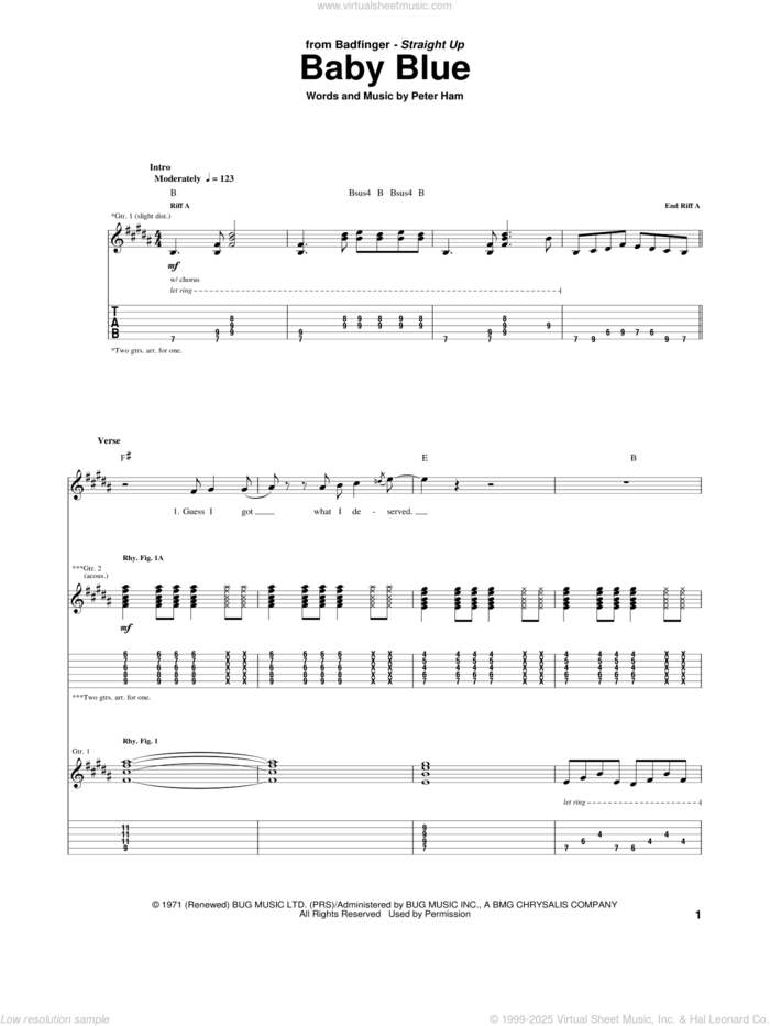 Baby Blue sheet music for guitar (tablature) by Badfinger and Pete Ham, intermediate skill level