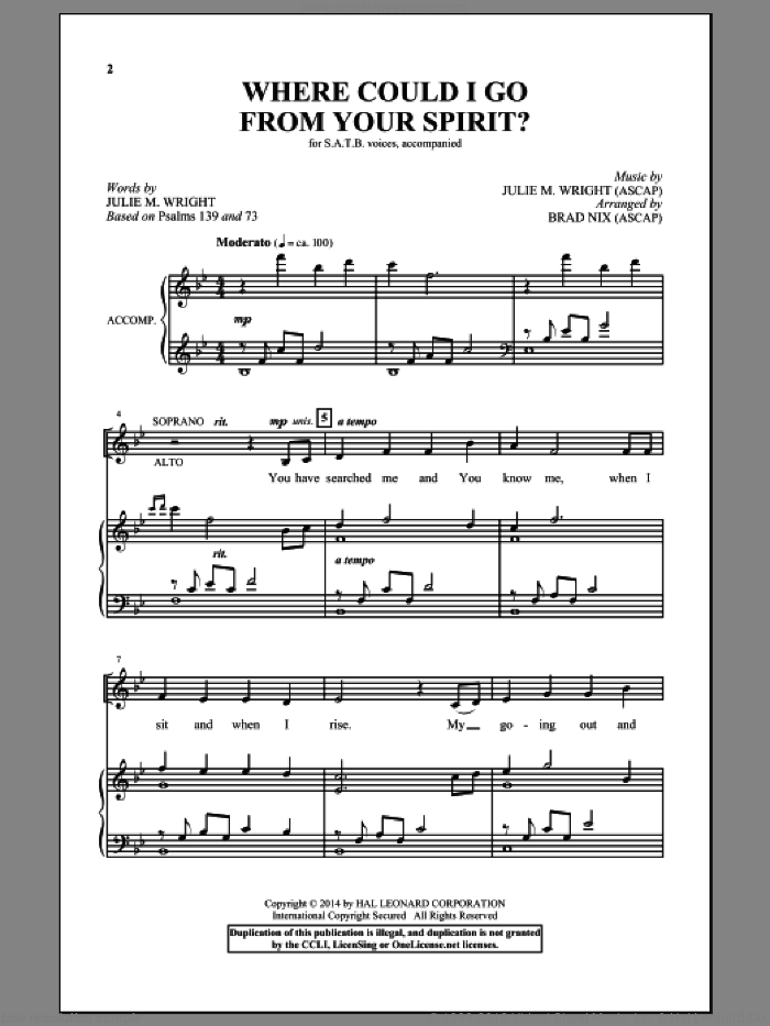 Where Could I Go From Your Spirit? sheet music for choir (SATB: soprano, alto, tenor, bass) by Brad Nix and Julie M. Wright, intermediate skill level
