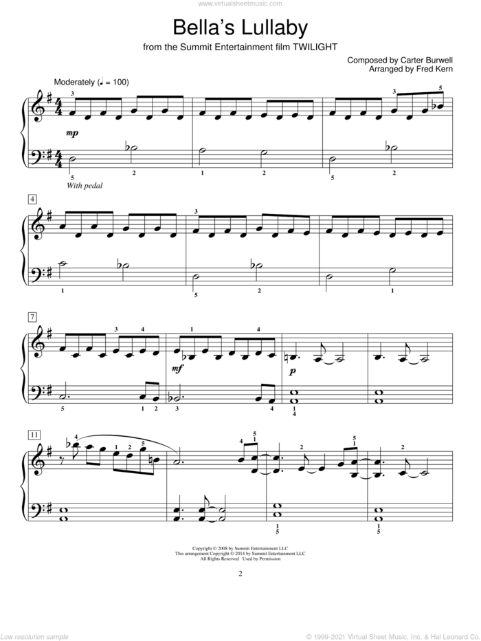 Bella's Lullaby sheet music for piano solo (elementary) by Carter Burwell and Fred Kern, classical wedding score, beginner piano (elementary)