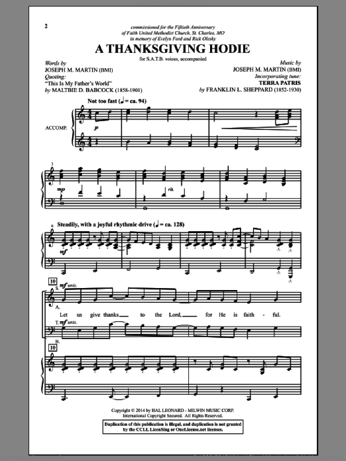 A Thanksgiving Hodie sheet music for choir (SATB: soprano, alto, tenor, bass) by Joseph M. Martin, Franklin L. Sheppard and Maltbie D. Babcock, intermediate skill level