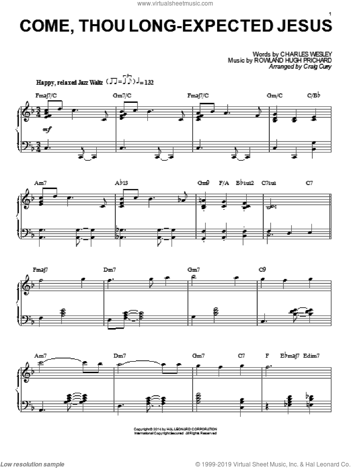 Come, Thou Long-Expected Jesus sheet music for piano solo by Charles Wesley, Craig Curry and Rowland Prichard, intermediate skill level