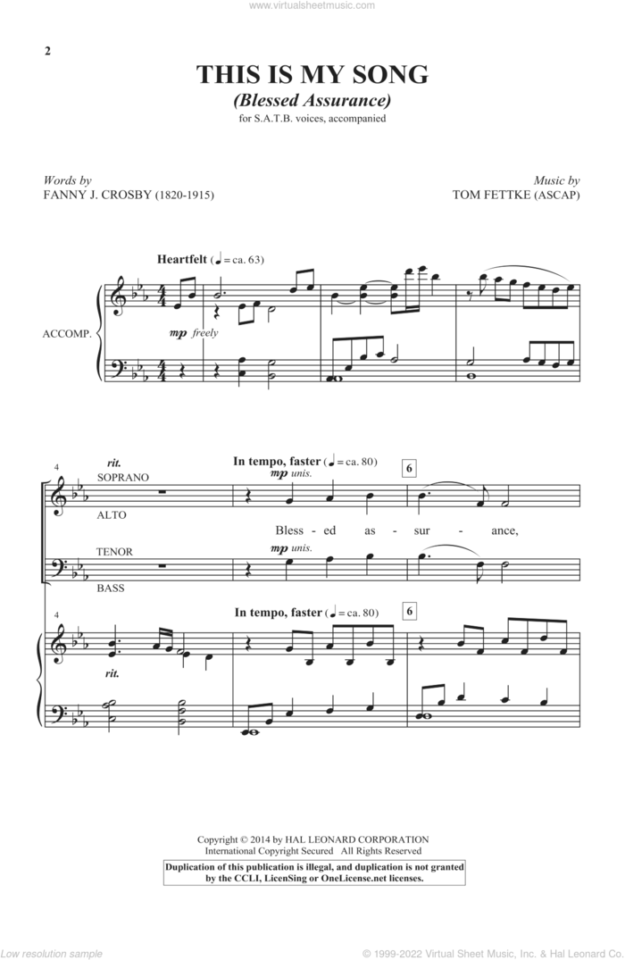 This Is My Song (Blessed Assurance) sheet music for choir (SATB: soprano, alto, tenor, bass) by Tom Fettke and Fanny J. Crosby, intermediate skill level