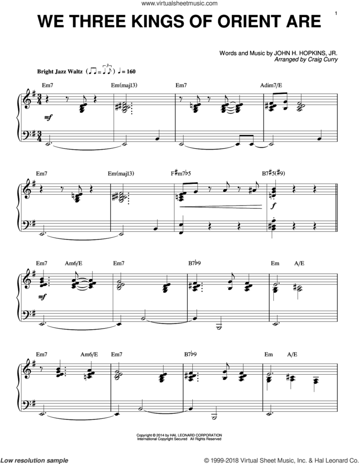 We Three Kings Of Orient Are (arr. Craig Curry) sheet music for piano solo by John H. Hopkins, Jr. and Craig Curry, intermediate skill level