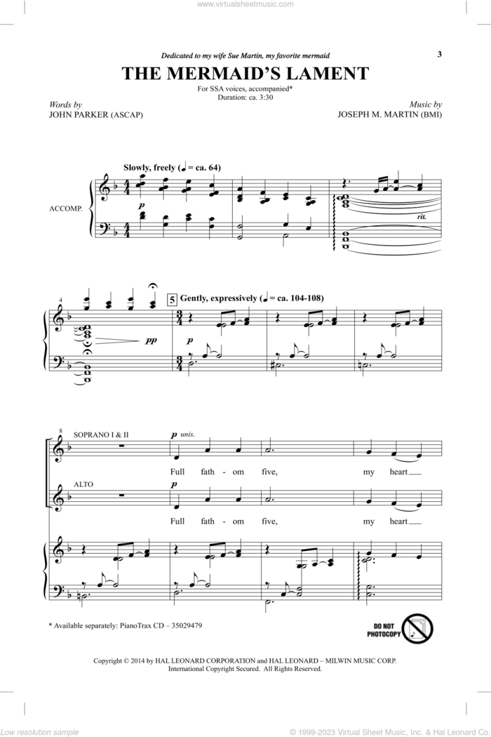 The Mermaid's Lament sheet music for choir (SSA: soprano, alto) by Joseph M. Martin and John Parker, intermediate skill level
