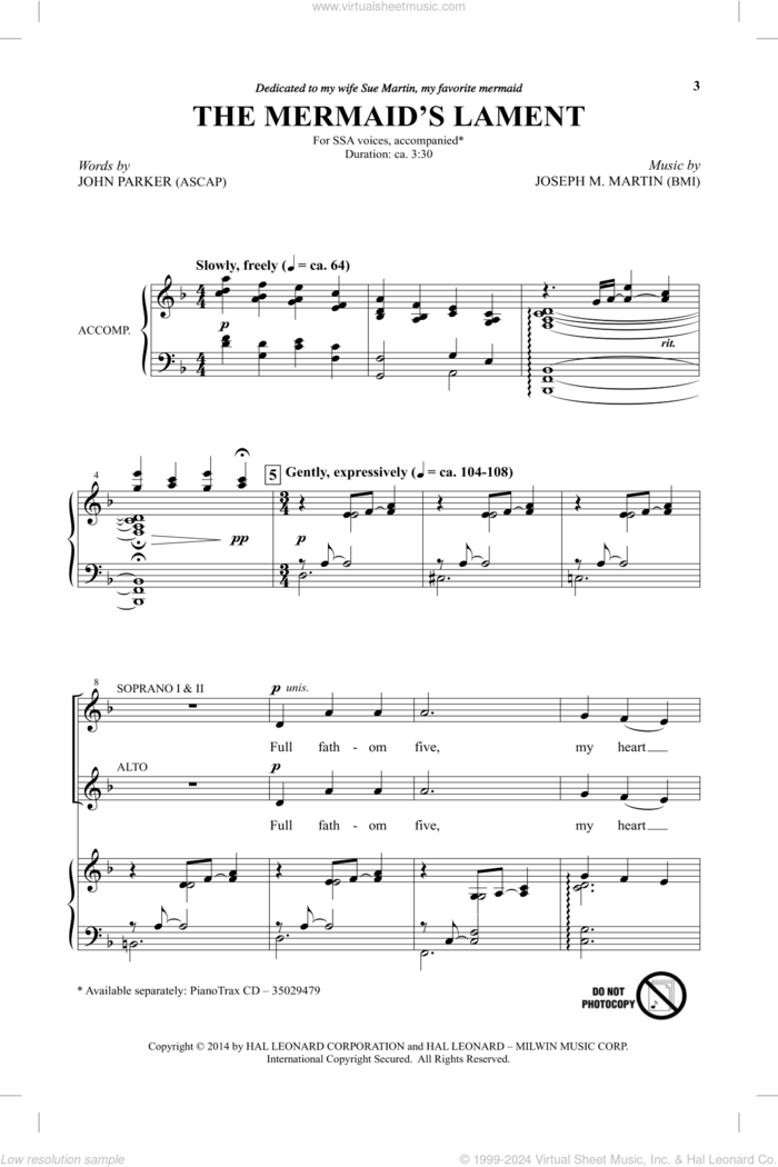 The Mermaid's Lament sheet music for choir (SSA: soprano, alto) by Joseph M. Martin and John Parker, intermediate skill level