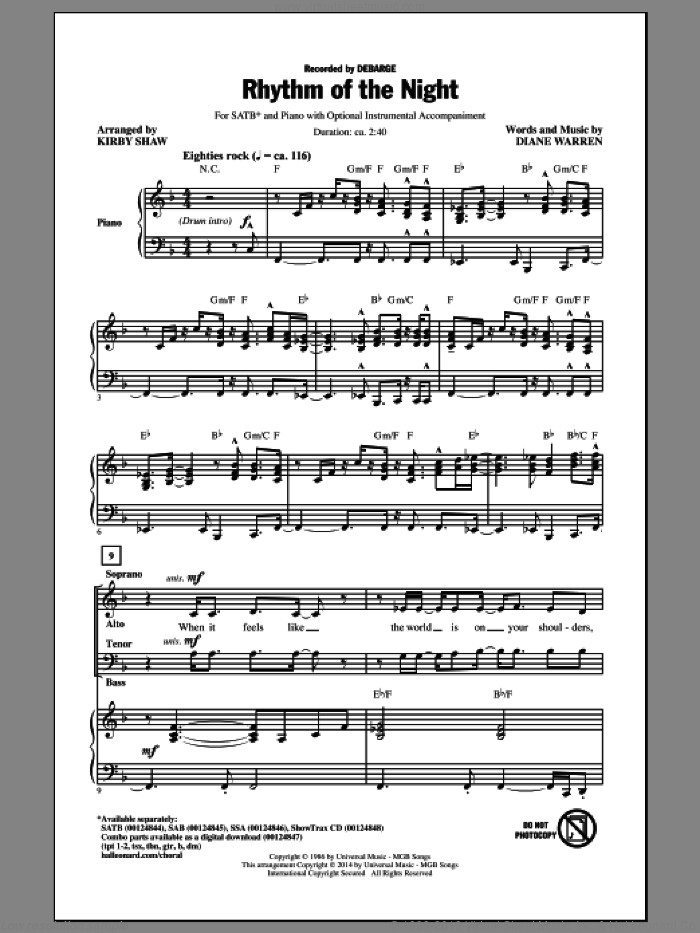 Rhythm Of The Night (arr. Kirby Shaw) sheet music for choir (SATB: soprano, alto, tenor, bass) by Kirby Shaw, DeBarge and Diane Warren, intermediate skill level