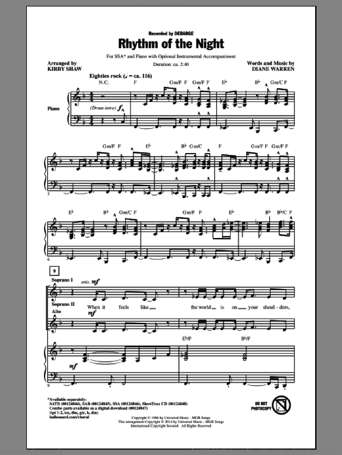 Rhythm Of The Night (arr. Kirby Shaw) sheet music for choir (SSA: soprano, alto) by Kirby Shaw, DeBarge and Diane Warren, intermediate skill level
