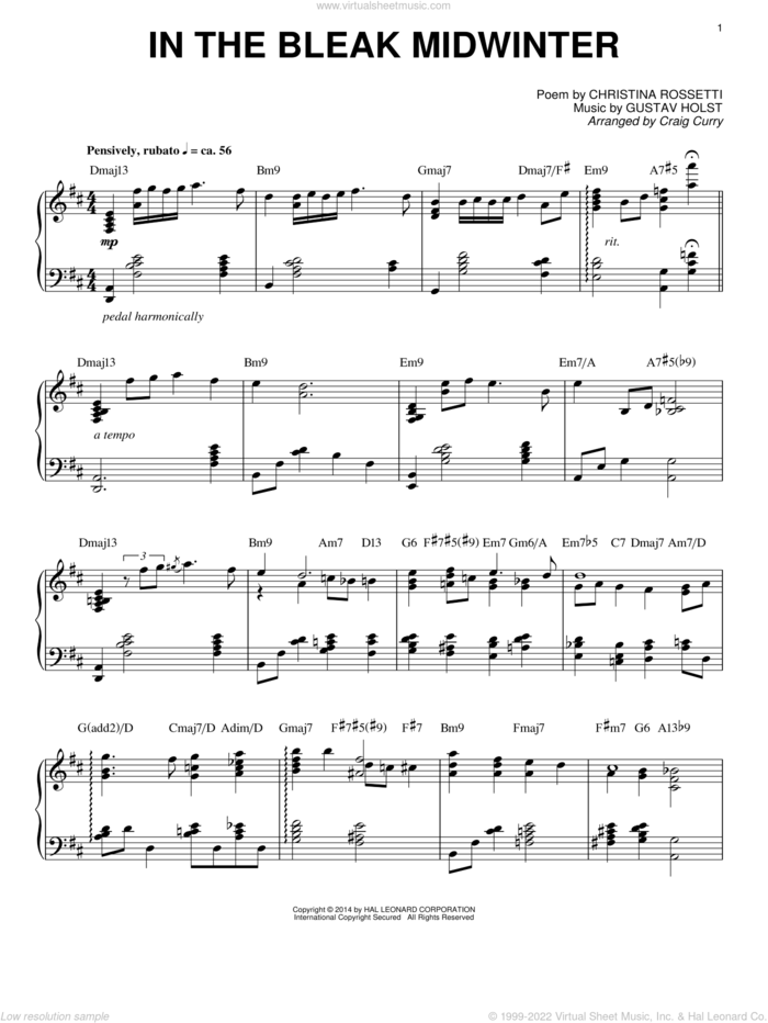 In The Bleak Midwinter (arr. Craig Curry) sheet music for piano solo by Gustav Holst, Christina Rossetti and Craig Curry, intermediate skill level
