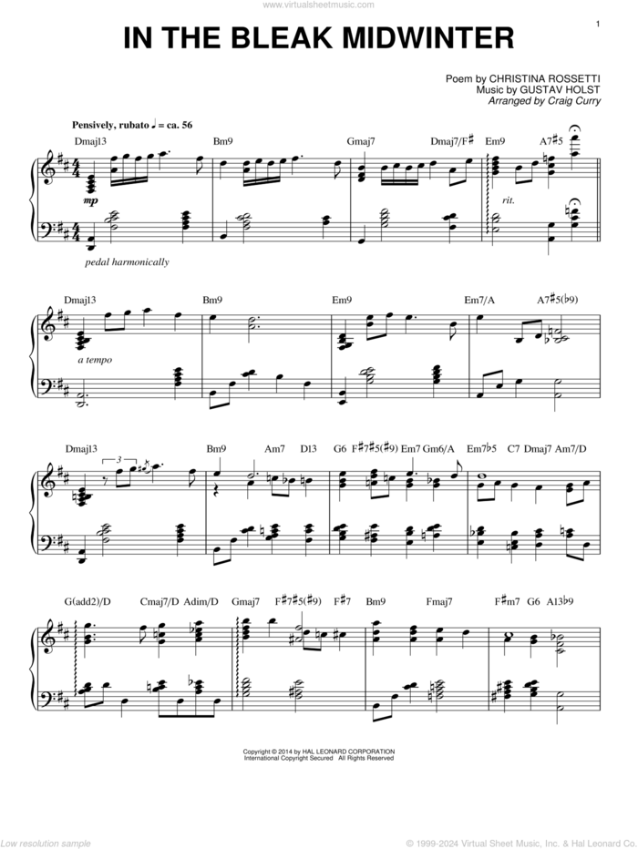 In The Bleak Midwinter (arr. Craig Curry) sheet music for piano solo by Gustav Holst, Christina Rossetti and Craig Curry, intermediate skill level