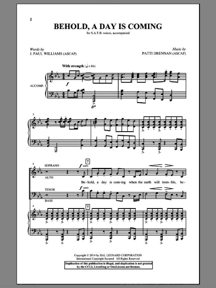 Behold, A Day Is Coming sheet music for choir (SATB: soprano, alto, tenor, bass) by Patti Drennan and J. Paul Williams, intermediate skill level