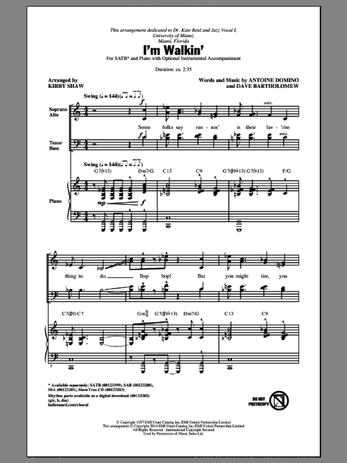 I'm Walkin' sheet music for choir (SATB: soprano, alto, tenor, bass) by Kirby Shaw, Fats Domino, Ricky Nelson, Antoine Domino and Dave Bartholomew, intermediate skill level