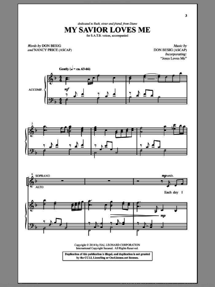 My Savior Loves Me sheet music for choir (SATB: soprano, alto, tenor, bass) by Don Besig and Nancy Price, intermediate skill level