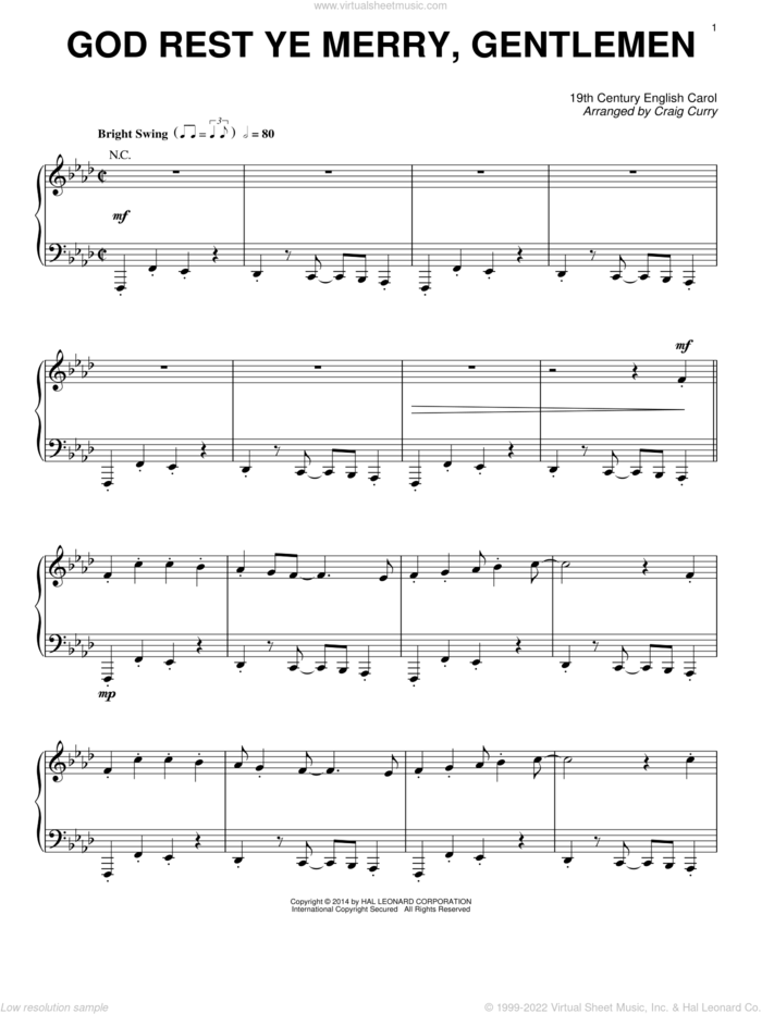 God Rest Ye Merry, Gentlemen (arr. Craig Curry) sheet music for piano solo by Craig Curry and 19th Century English Carol, intermediate skill level