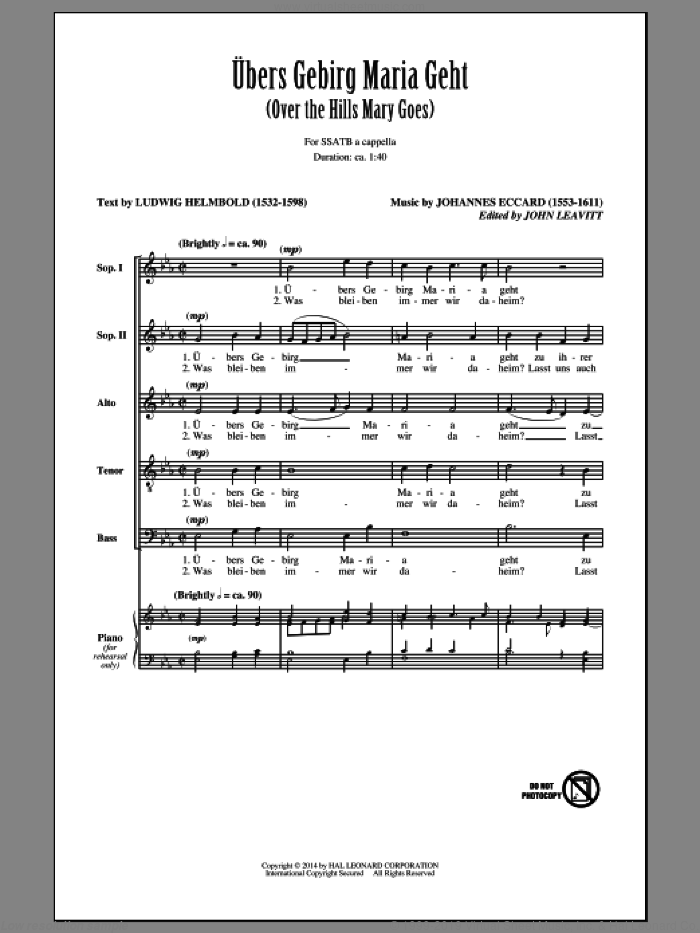 Ubers Gebirg Maria Geht (Over The Hills Mary Goes) sheet music for choir (SATB: soprano, alto, tenor, bass) by John Leavitt, Johannes Eccard and Ludwig Helmbold, intermediate skill level