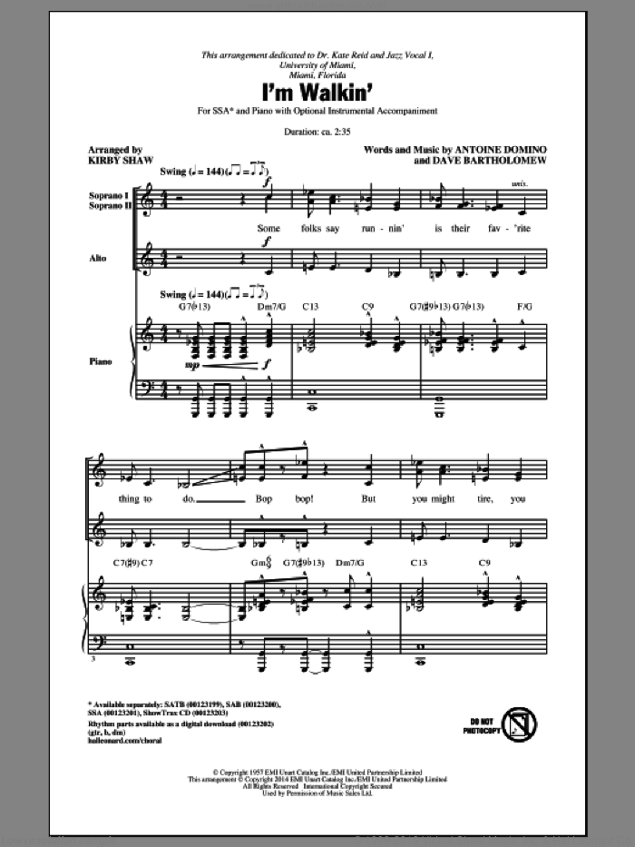 I'm Walkin' sheet music for choir (SSA: soprano, alto) by Dave Bartholomew, Kirby Shaw, Fats Domino, Ricky Nelson and Antoine Domino, intermediate skill level
