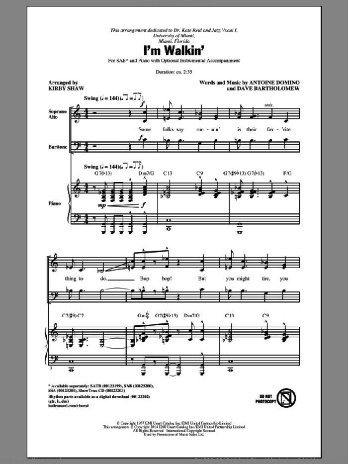 I'm Walkin' sheet music for choir (SAB: soprano, alto, bass) by Dave Bartholomew, Kirby Shaw, Fats Domino, Ricky Nelson and Antoine Domino, intermediate skill level