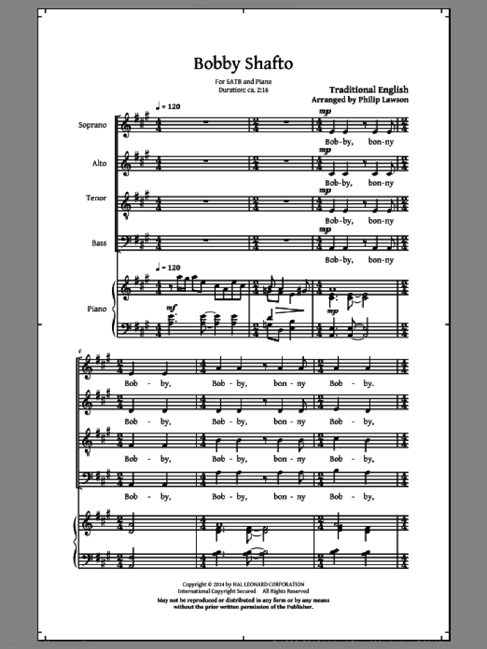 Bobby Shafto sheet music for choir (SATB: soprano, alto, tenor, bass) by Philip Lawson, intermediate skill level