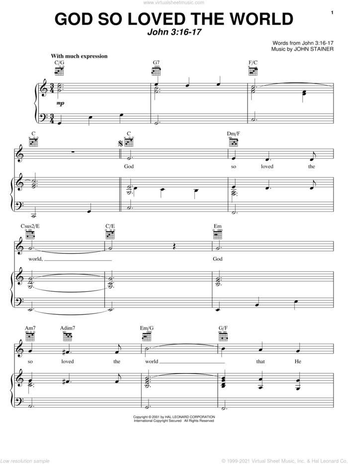 God So Loved The World sheet music for voice, piano or guitar by John Stainer, 17 John 3:16 and Miscellaneous, intermediate skill level