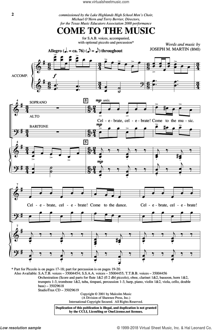 Come To The Music sheet music for choir (SAB: soprano, alto, bass) by Joseph M. Martin and Joseph  M. Martin, intermediate skill level