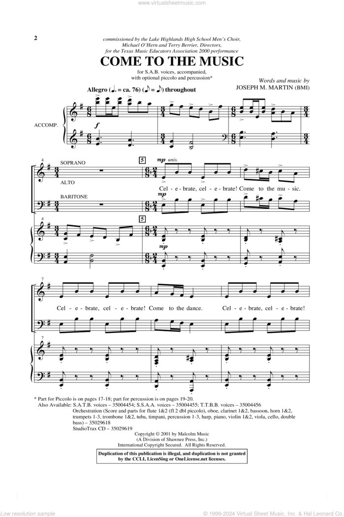 Come To The Music sheet music for choir (SAB: soprano, alto, bass) by Joseph M. Martin and Joseph  M. Martin, intermediate skill level