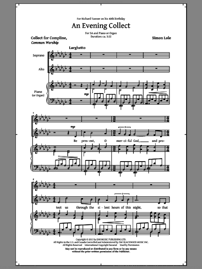 An Evening Collect sheet music for choir (2-Part) by Simon Lole, intermediate duet