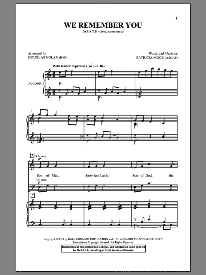 We Remember You sheet music for choir (SATB: soprano, alto, tenor, bass) by Douglas Nolan and Patricia Mock, intermediate skill level