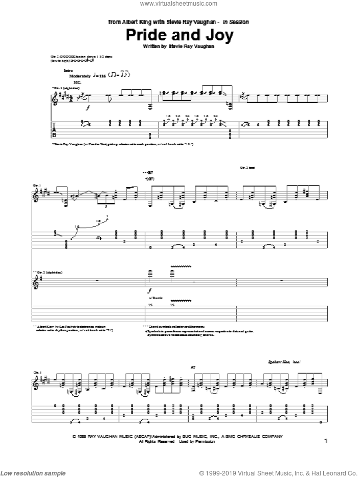 Pride And Joy sheet music for guitar (tablature) by Albert King & Stevie Ray Vaughan, Albert King and Stevie Ray Vaughan, intermediate skill level