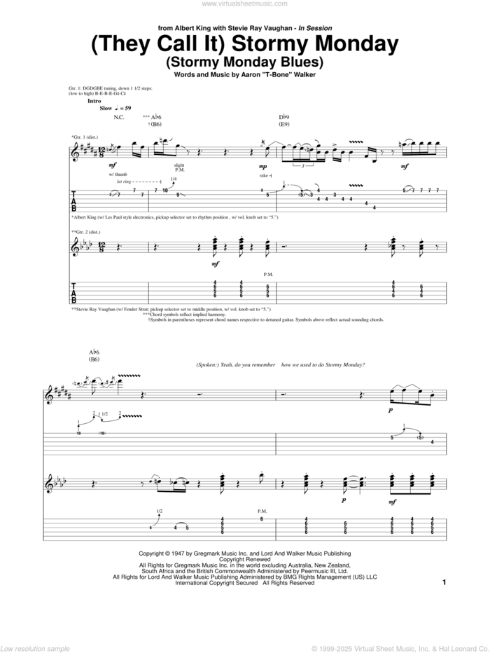 (They Call It) Stormy Monday (Stormy Monday Blues) sheet music for guitar (tablature) by Albert King & Stevie Ray Vaughan, Stevie Ray Vaughan, Aaron 'T-Bone' Walker and Albert King, intermediate skill level