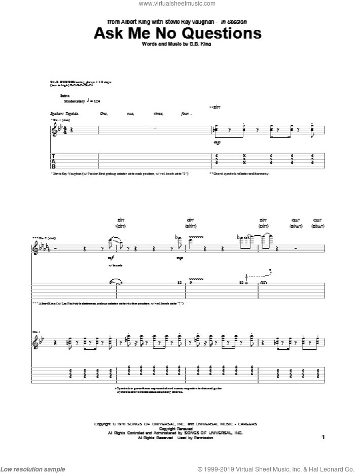 Ask Me No Questions sheet music for guitar (tablature) by Albert King & Stevie Ray Vaughan, Albert King, B.B. King and Stevie Ray Vaughan, intermediate skill level