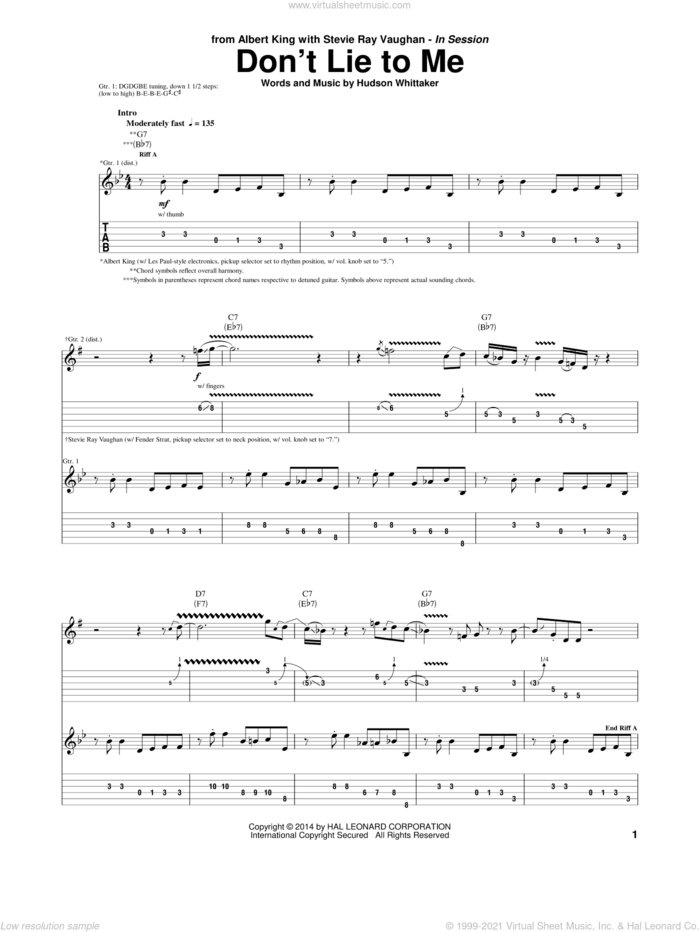 Don't Lie To Me sheet music for guitar (tablature) by Albert King & Stevie Ray Vaughan, Albert King, Hudson Whittaker and Stevie Ray Vaughan, intermediate skill level