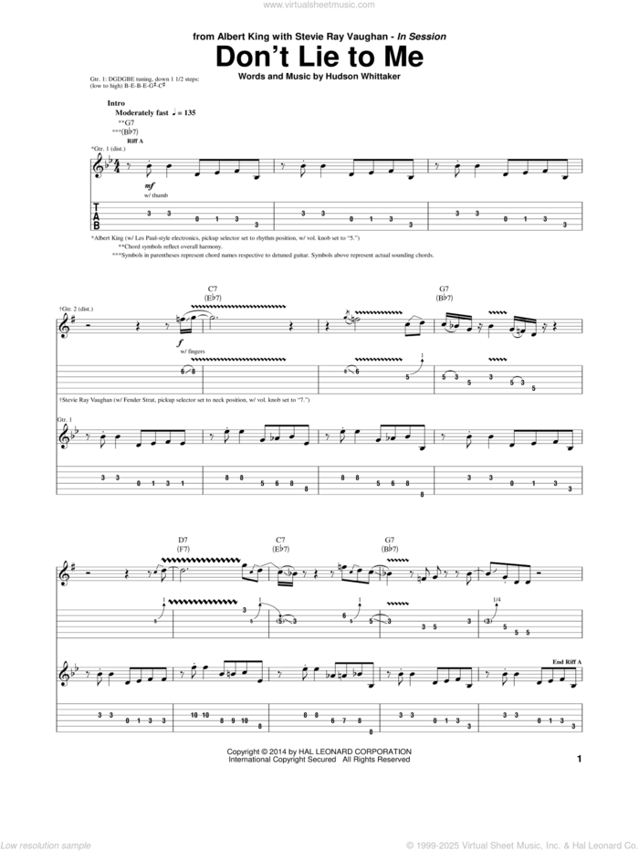 Don't Lie To Me sheet music for guitar (tablature) by Albert King & Stevie Ray Vaughan, Albert King, Hudson Whittaker and Stevie Ray Vaughan, intermediate skill level