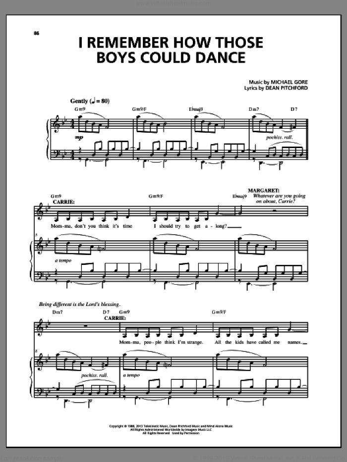 I Remember How Those Boys Could Dance (from Carrie The Musical) sheet music for voice and piano by Dean Pitchford and Michael Gore, intermediate skill level
