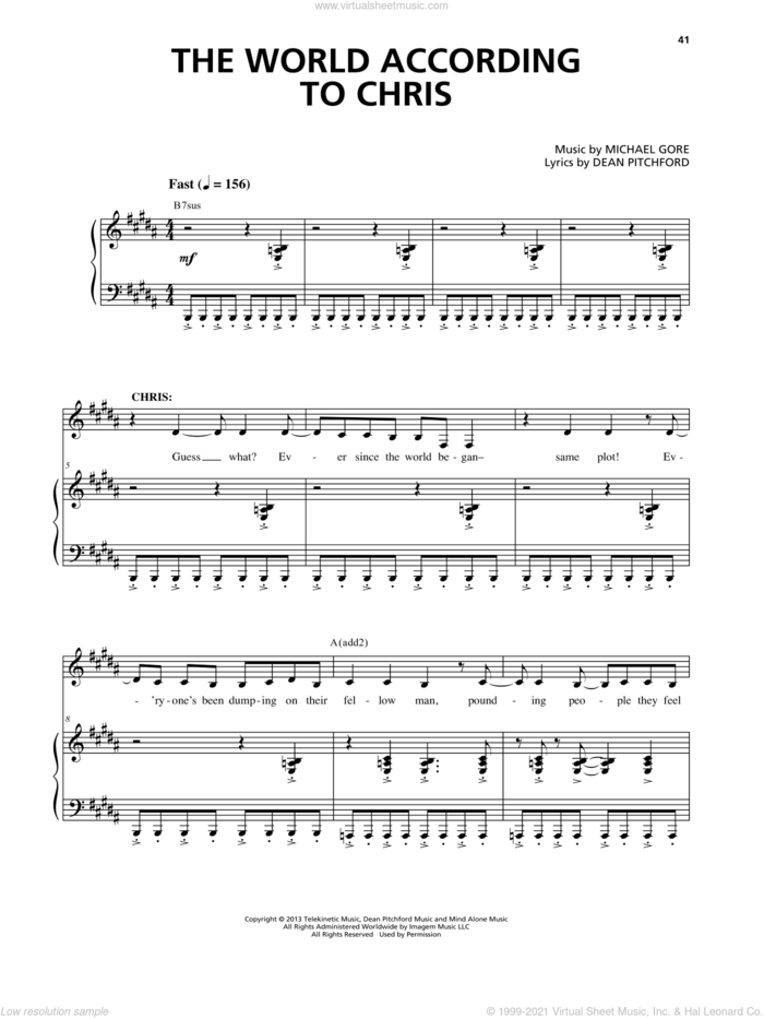 The World According To Chris (from Carrie The Musical) sheet music for voice and piano by Dean Pitchford and Michael Gore, intermediate skill level