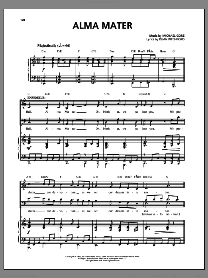 Alma Mater (from Carrie The Musical) sheet music for voice and piano by Dean Pitchford and Michael Gore, intermediate skill level