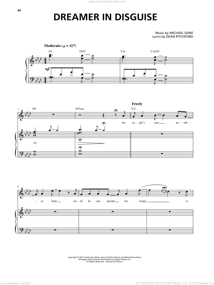 Dreamer In Disguise (from Carrie The Musical) sheet music for voice and piano by Dean Pitchford and Michael Gore, intermediate skill level